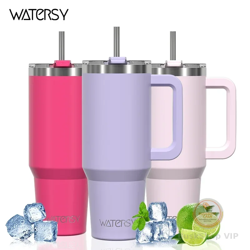 WATERSY Copo garrafa Térmica Inox 591ml Parede Dupla tampa Canudo Premium