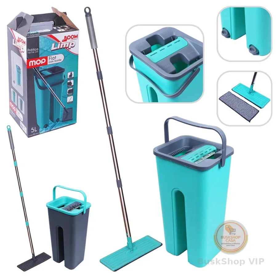 🛍 Rodo Mop Flat 2 Refis Esfregão Com Balde Rodo Mágico Lava Seca Tira Pó Limpeza Profissional