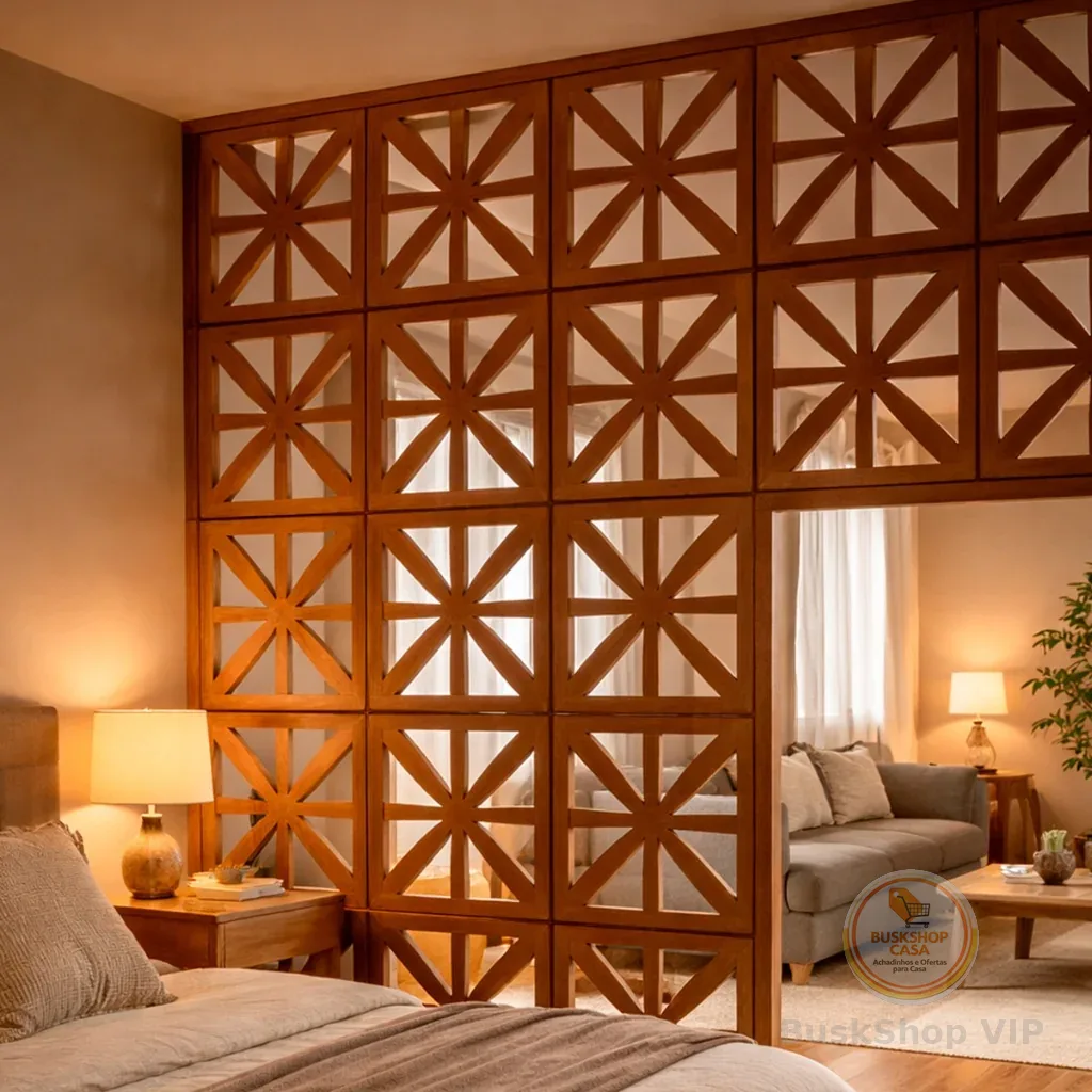 Kit 24 Placas Divisorias MDF 29x29cm Cobogo Decorativo Amadeirado Painel Vazado Para Divisao De Ambientes Decoracao Casa