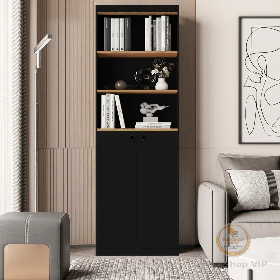 🛍 Estante Livreiro Com 5 Prateleiras e 2 Portas Gold Luxo - Dullar Móveis
