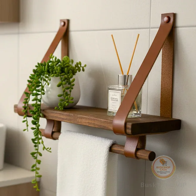 Prateleira com Suporte Para Toalha Madeira Envelhecida e Couro Decoração Banheiro Rústico Boho Chic