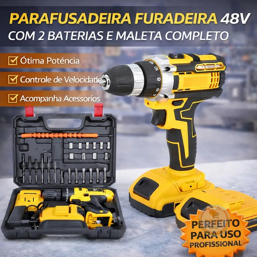 Parafusadeira Furadeira 48V 2 Baterias Com Maleta e Acessórios Completo + de 670 vendas recentemente