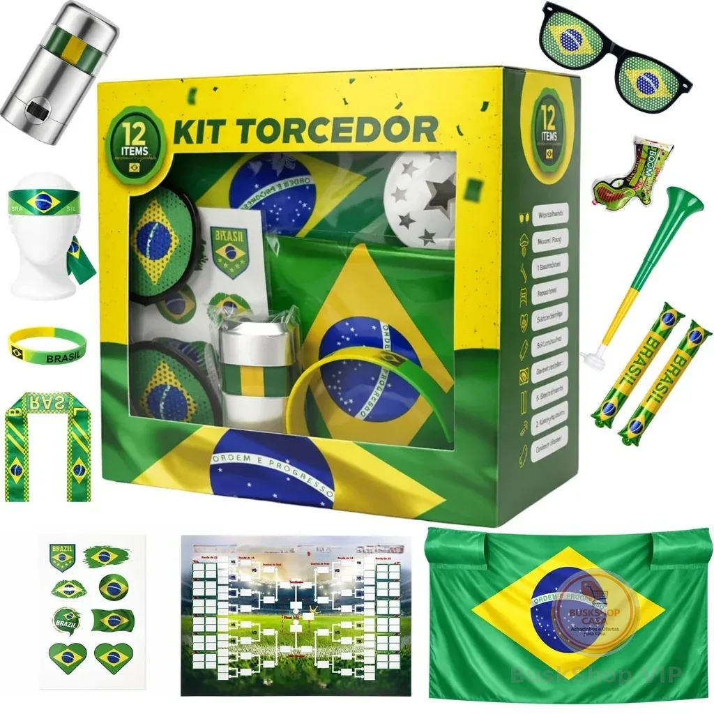 Combo Torcedor Copa 2026 Adesivo Trompete Pintura Facial Bandeira Adesivo Vuvuzela