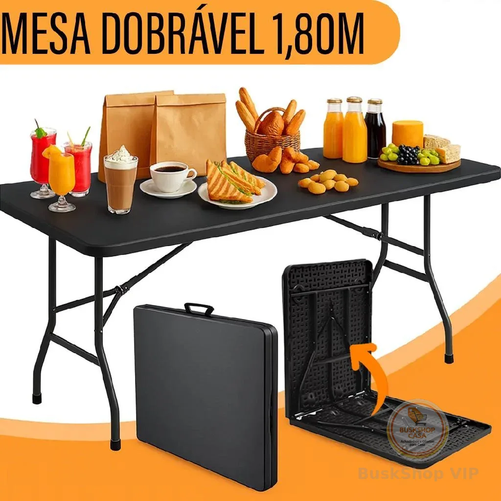 Mesa Dobrável Maleta Preta Yab 1,80x70cm Com Alça Portátil Para Festa Camping Jardim