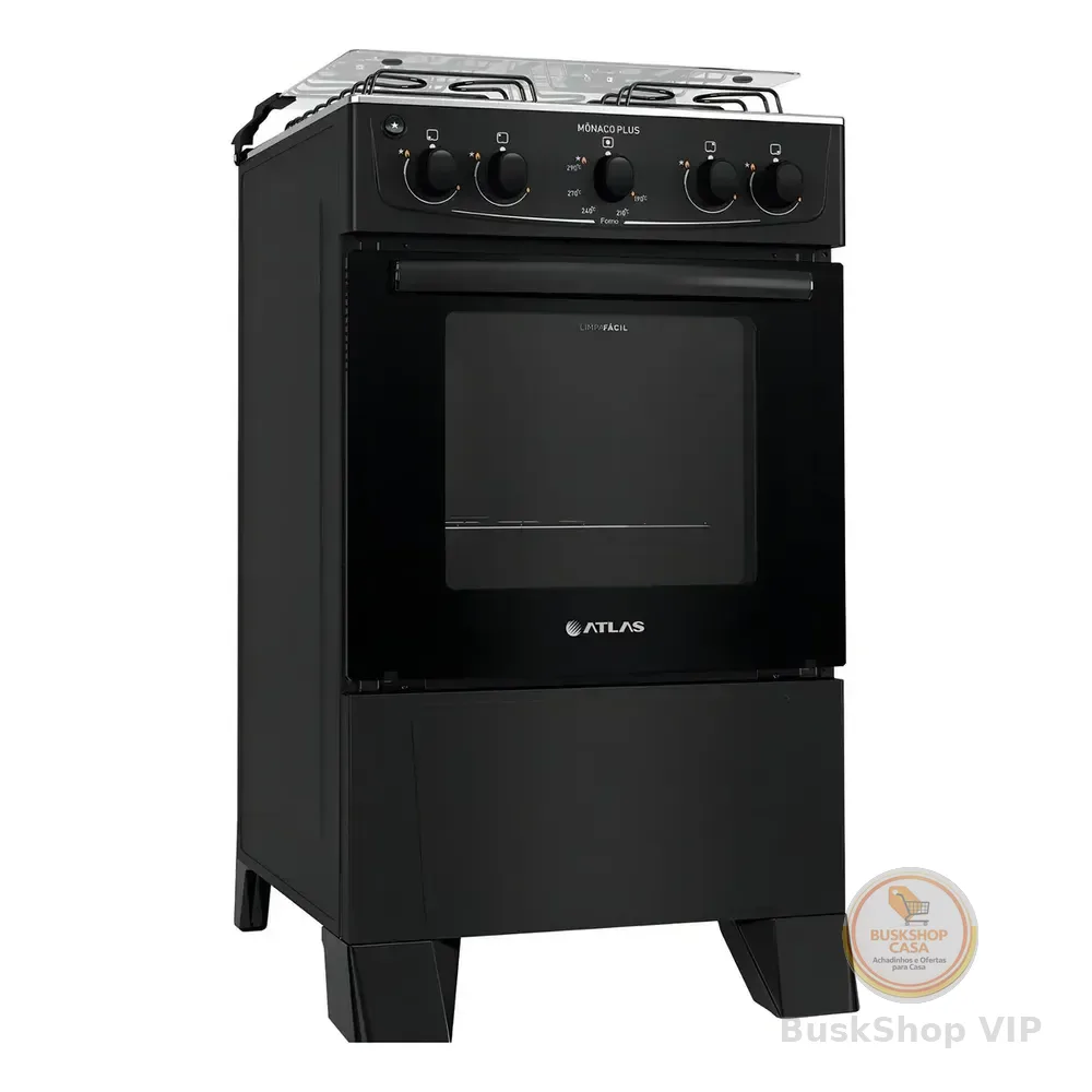Fogão 4 Bocas Atlas Mônaco Plus Preto Com Mesa Inox E Acendimento Automático Bivolt 127/220v