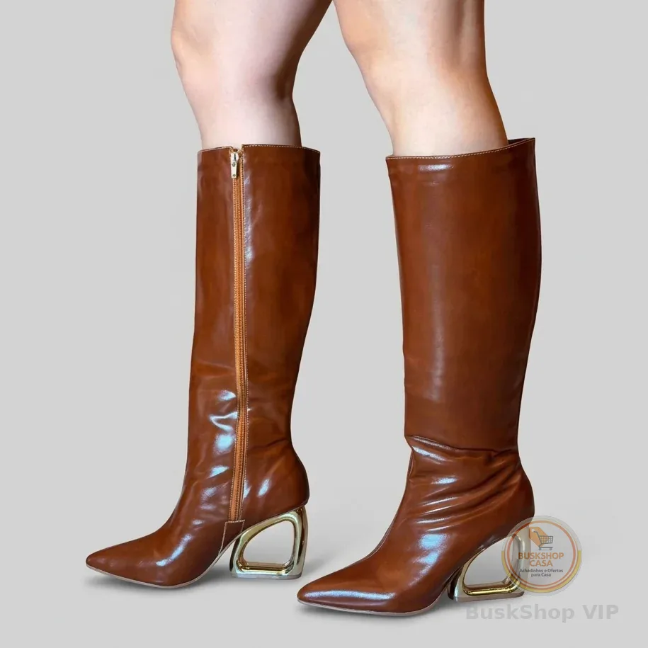 Bota feminina cano alto zíper forrada salto alto dourado orgânico geométrico
