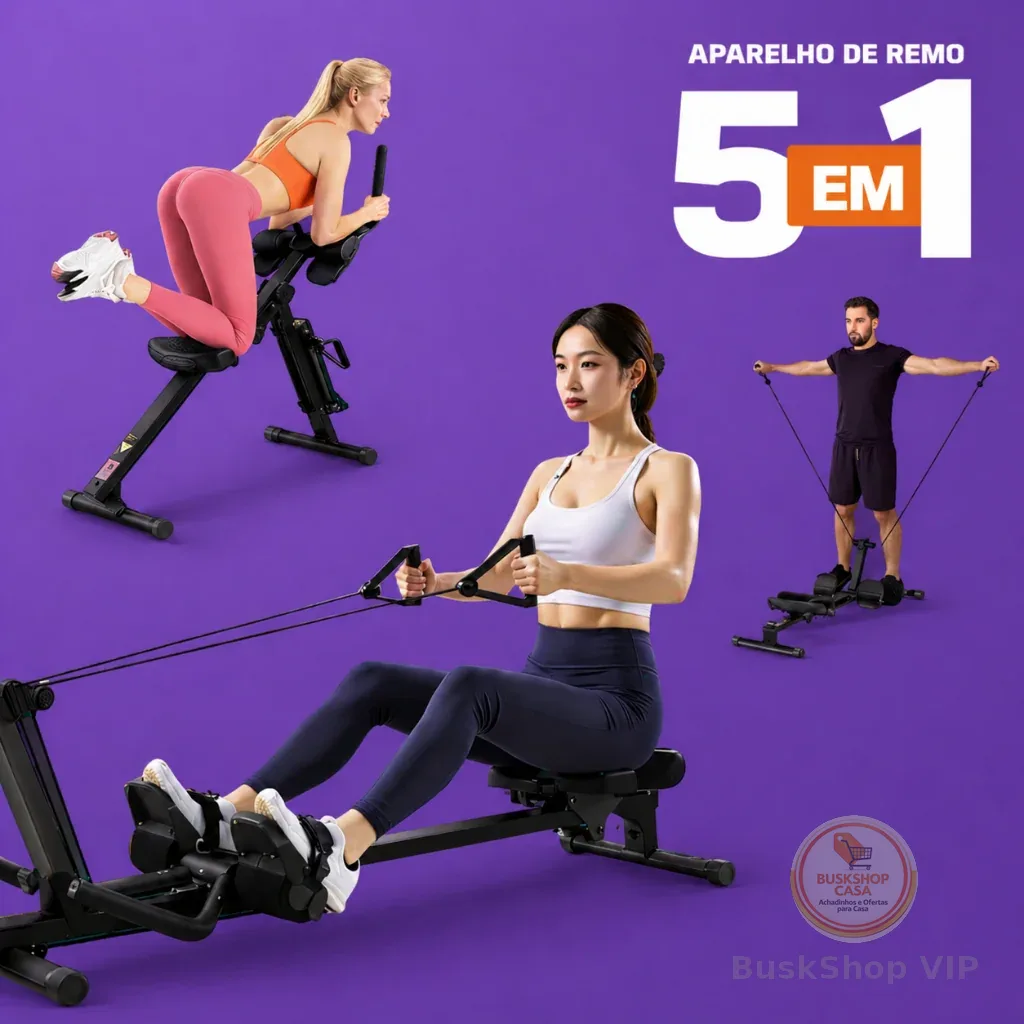Máquina de Remo 5x1 Multifunções Abdominal Remada Rosca Elevação Simulador Dobrável Fitness em Casa