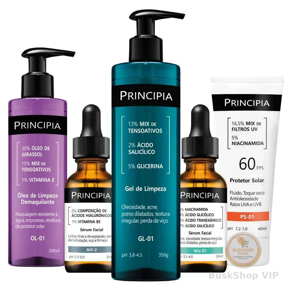 Principia Kit Antiacne Demaquilante Essencial - GL-01 + MIX-01 +Protetor solar facial+ OL-01 + AH-2
