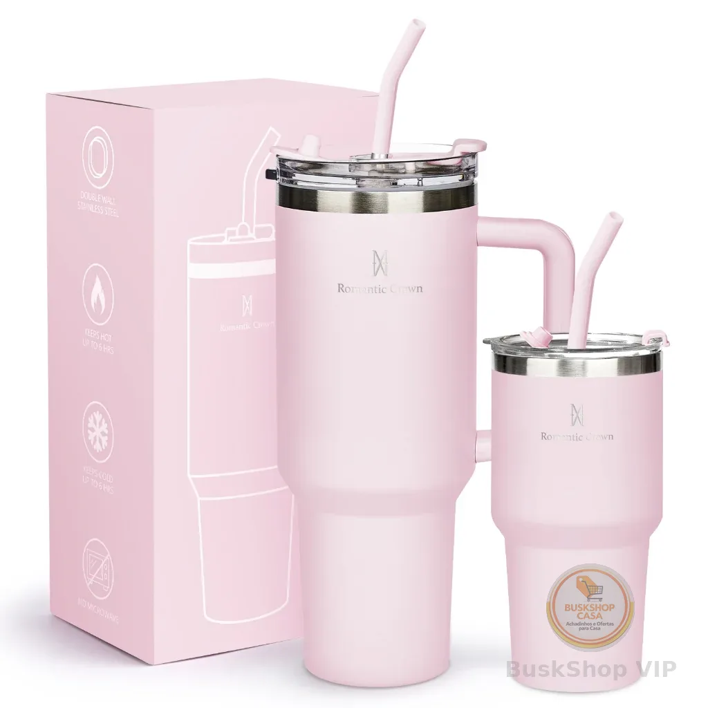 ROMANTIC CROWN Kit 2 Copo Térmico Inox Portátil 1200ml/600ml Garrafa Térmica Inoxidável com Tampa e Canudo