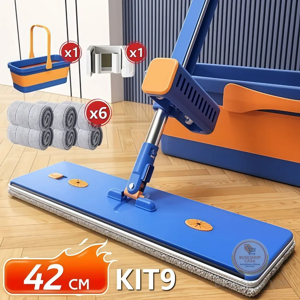 KIT 9 Esfregão Lazy Mop Seco Molhado Absorvente Dobrável com Balde Raspador Não Precisa Enxaguar-S10