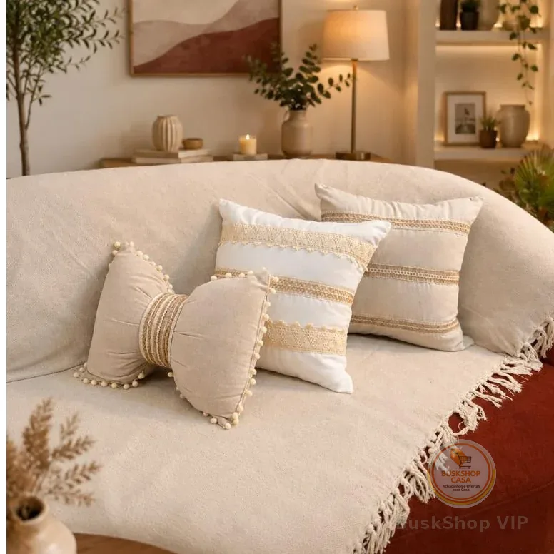 Kit 3 Almofadas Cheias Estilo Boho Chic com Laço – Exclusivo