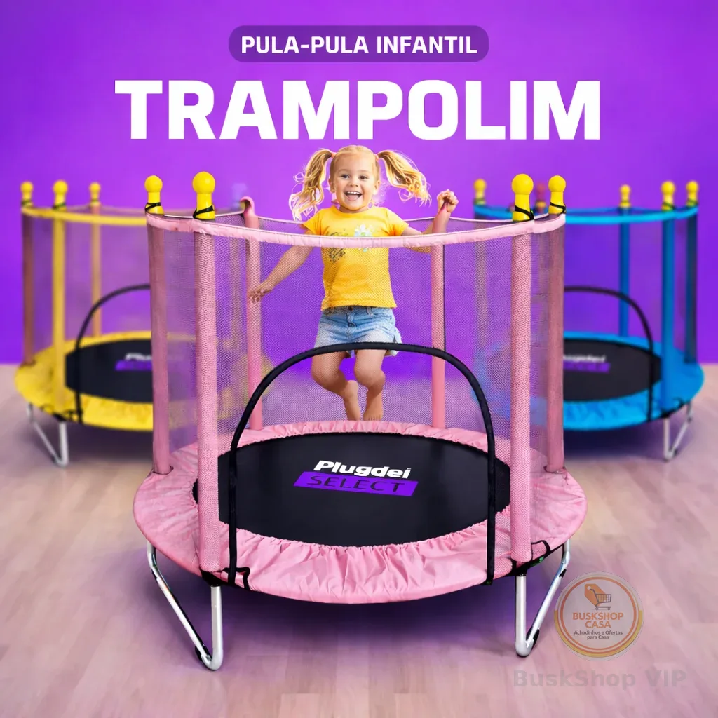 Pula Pula até 150kg Cama Elástica Trampolim Infantil 1.13m Com Rede de Proteção p/ Usuários TB02