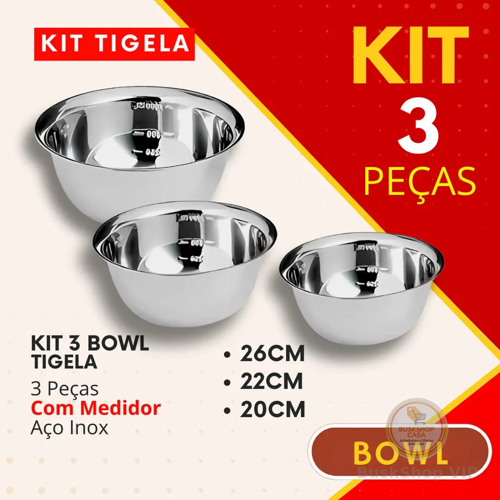 Kit 3 ou 2 Bowl Tigelas Multiuso Inox para Cozinha Restaurante Saladas Frutas Carnes Natal