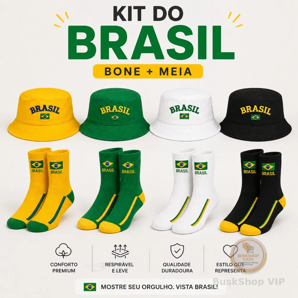 Kit Meia Cano longo + Chapéu Bucket Hat Unissex Brasil Copa do Mundo 2026 | Promoção| Envio Imediato