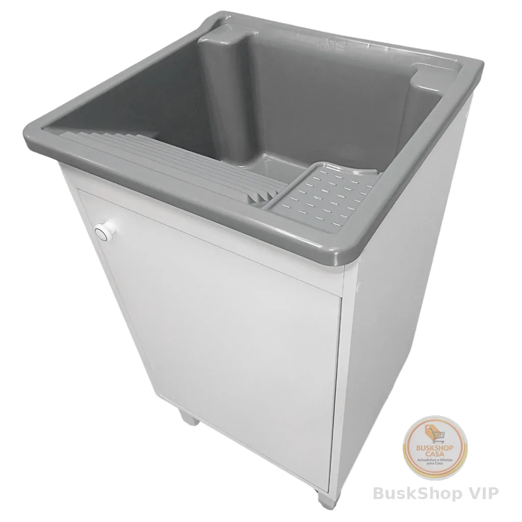 Tanque de Lavar Roupas Lavanderia 26L  Gabinete Armário MDF 46cm 1 Porta + Sifão Entregue Montado