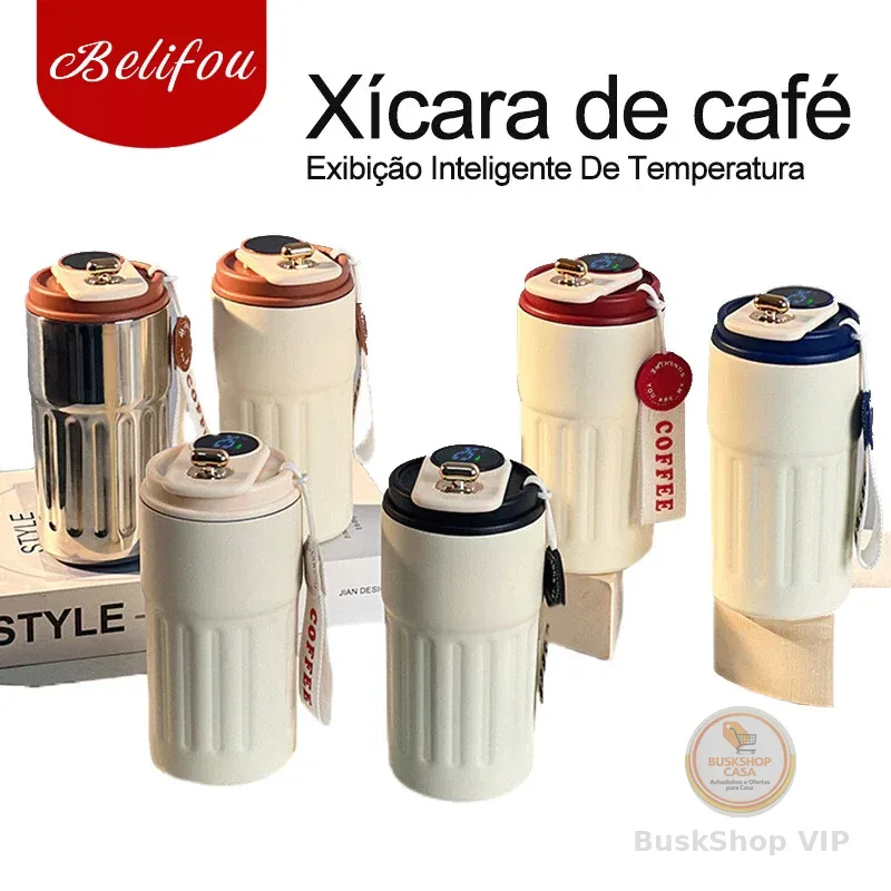 Belifou 450ml Copo Térmico Cafe personalizado Inox Portátil tampa Com LED Temperatura Antivazamento
