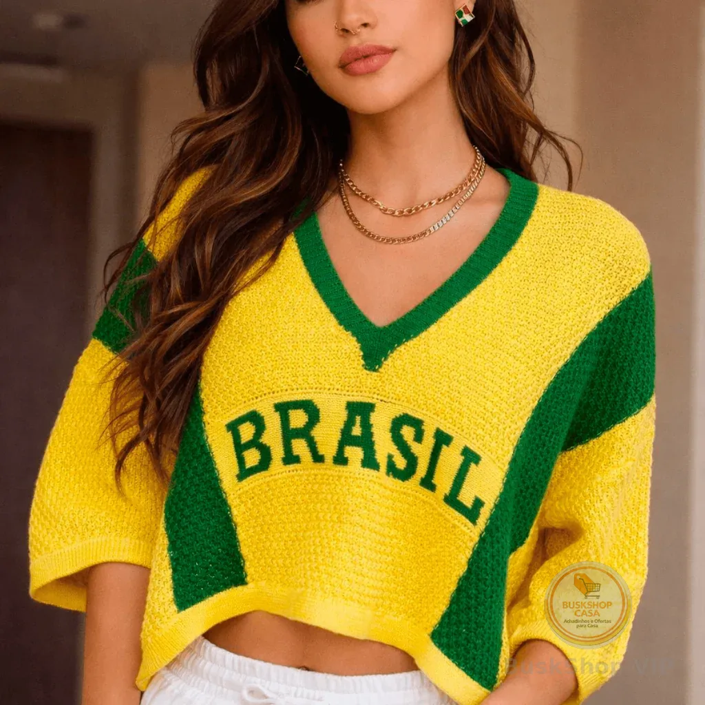 Blusa Feminina Cropped Manga 3 Quartos Brasil Copa Elegante Casual Tricot Básico