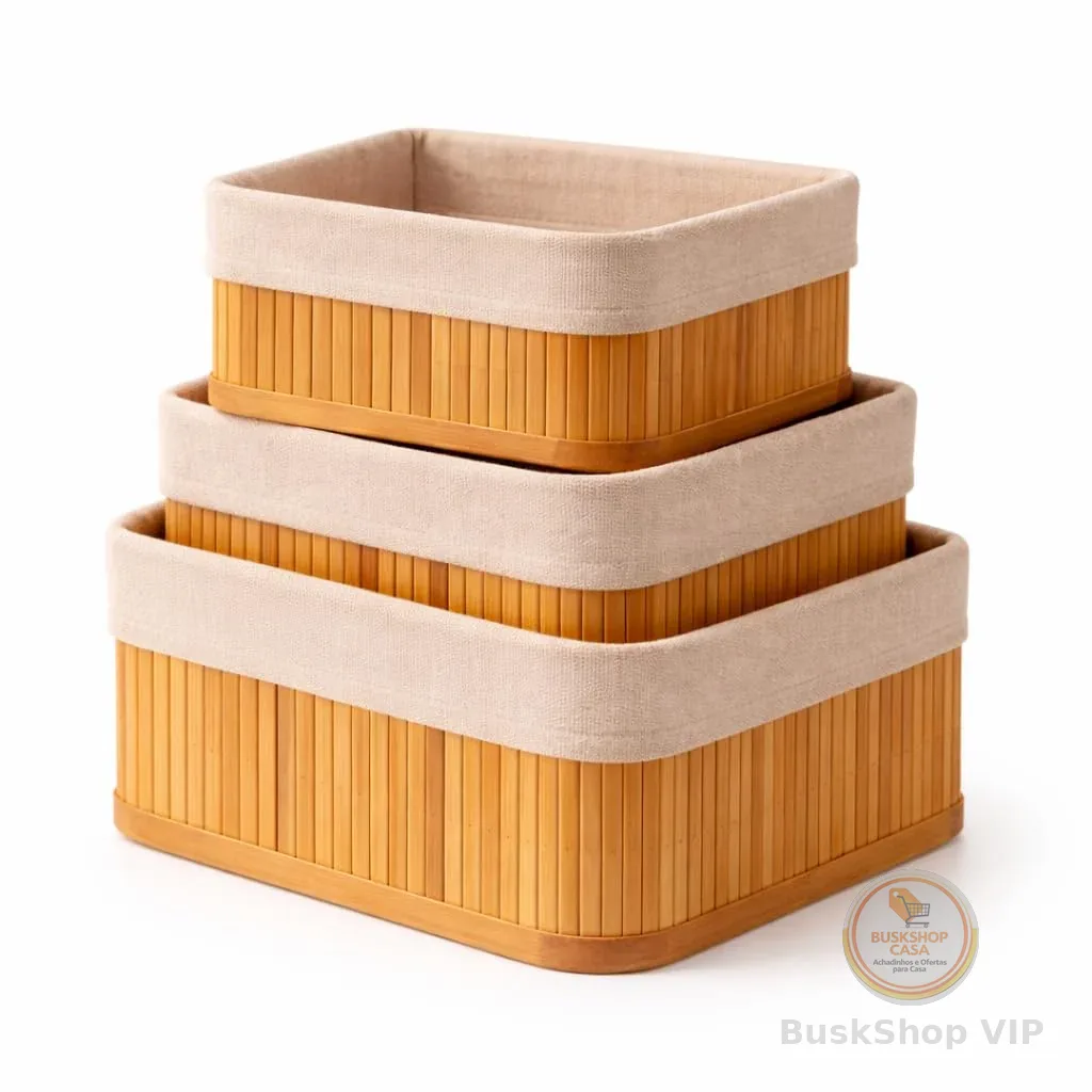 🛍 Kit 3 Cestos Organizadores de Bambu com Forro Interno – Cestas Organizadoras Decorativas Multiuso Banheiro, Armário, Lavanderia e Cozinha – Organizadores Naturais Elegantes Pia, Maquiagem e Objetos