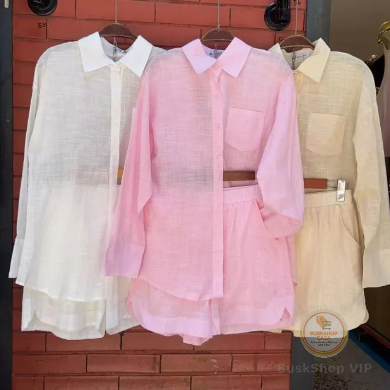 Conjunto em linho importado camisa e short com forrado casaul elegante para seu looks coreção novo em verão