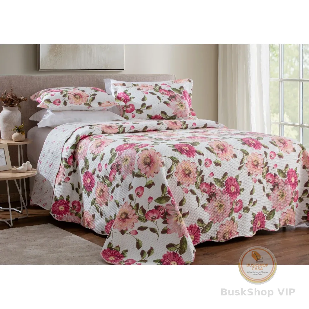 Kit Colcha De Cama Estampada 3 Peças Cobre Leito Bouti Casal Queen Dupla Face Com Viés