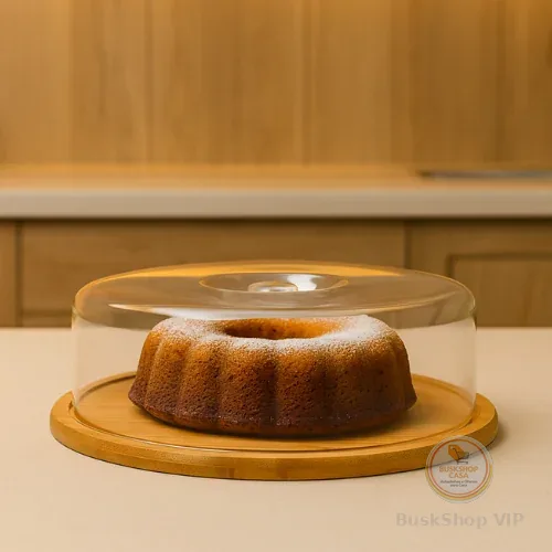 Boleira Bambu com Cúpula Acrílica Porta Bolo Torta Pudim Queijo Decoração Decor Mesa Posta