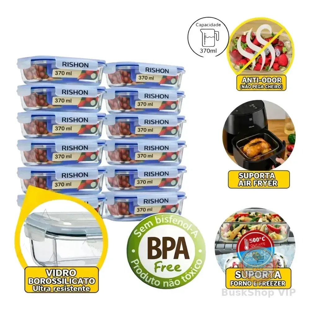 🛍 Kit 10 Pote De Vidro Marmita Hermético 370ml Freezer Fitness Rishon Transparente