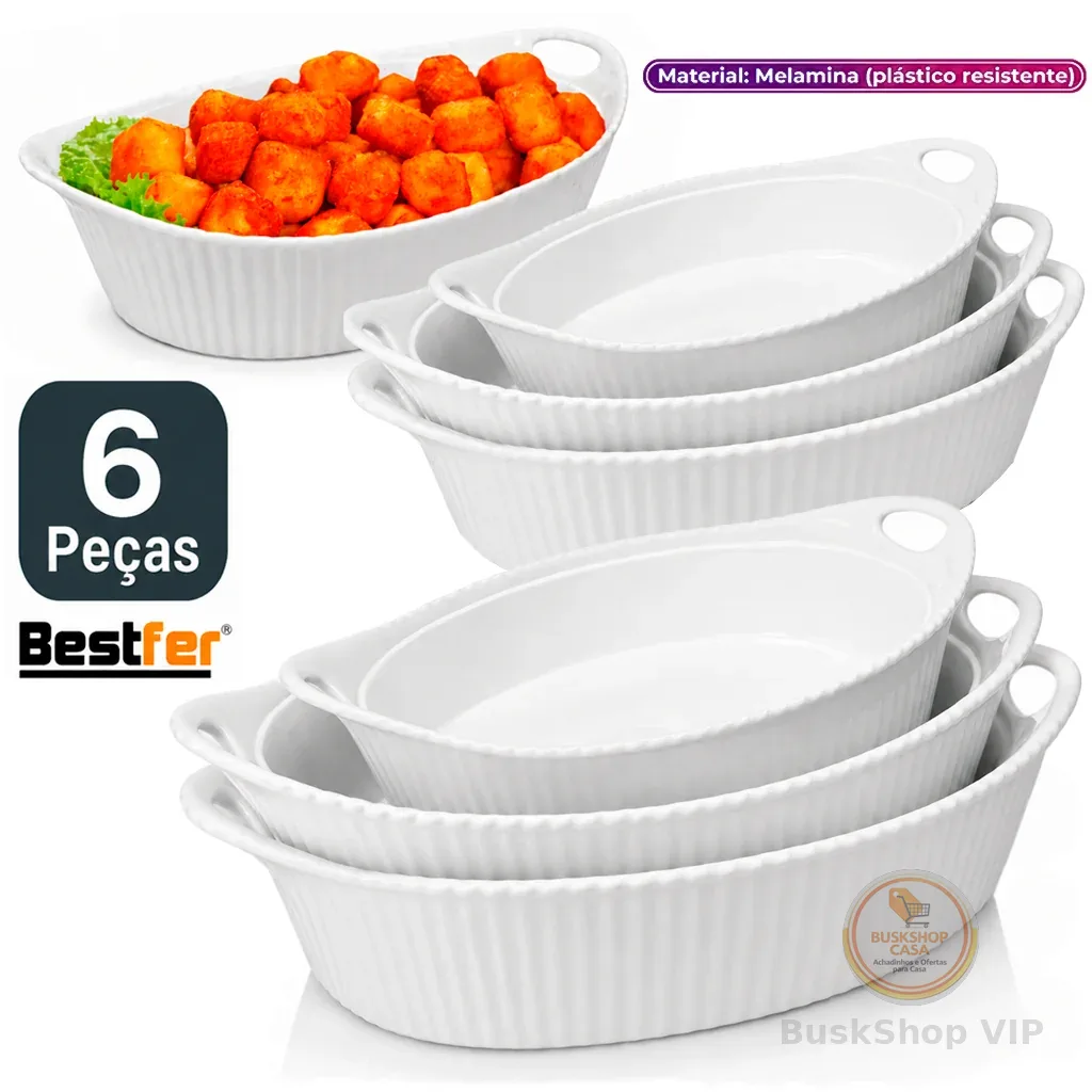 Conjunto Jogo de Assadeiras até 6 peças Travessas Oval em Melanina Bestfer PMG Branca opaline