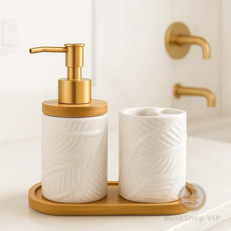 🛍 Kit Banheiro Lavabo Porta Sabonete Liquido Dispenser Porta Escova de Dente Cerâmica Luxo