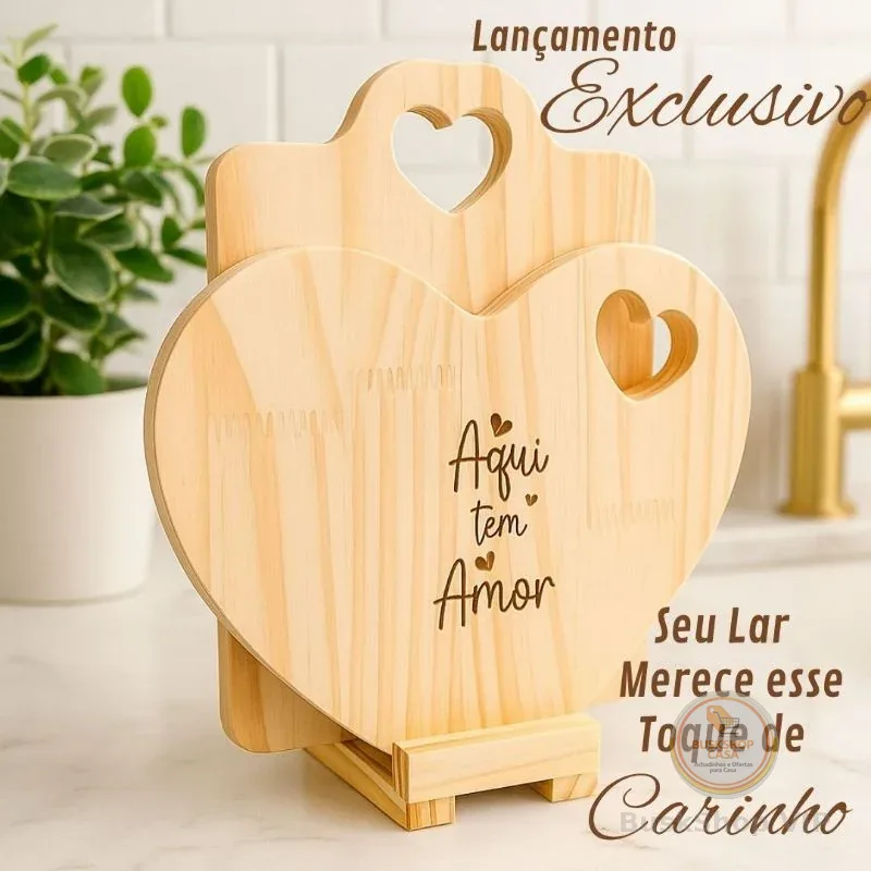 Tábuas Petisqueira para Frios em Madeira Coração com Suporte - Mesa Posta - Decoração para Cozinha