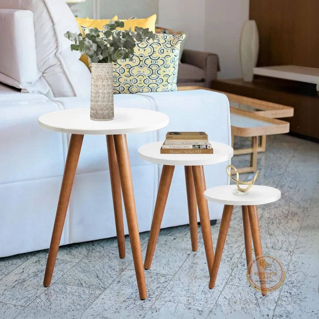 🛍 Trio de Mesinhas Lateral Redondas Sala Pé Palito Retro