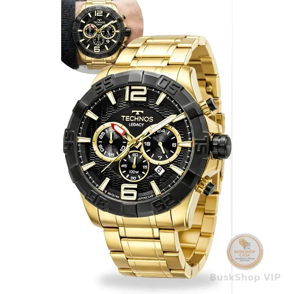 Relógio Technos Masculino Legacy Cronógrafo Aço Dourado Preto 100m +100 vendidos