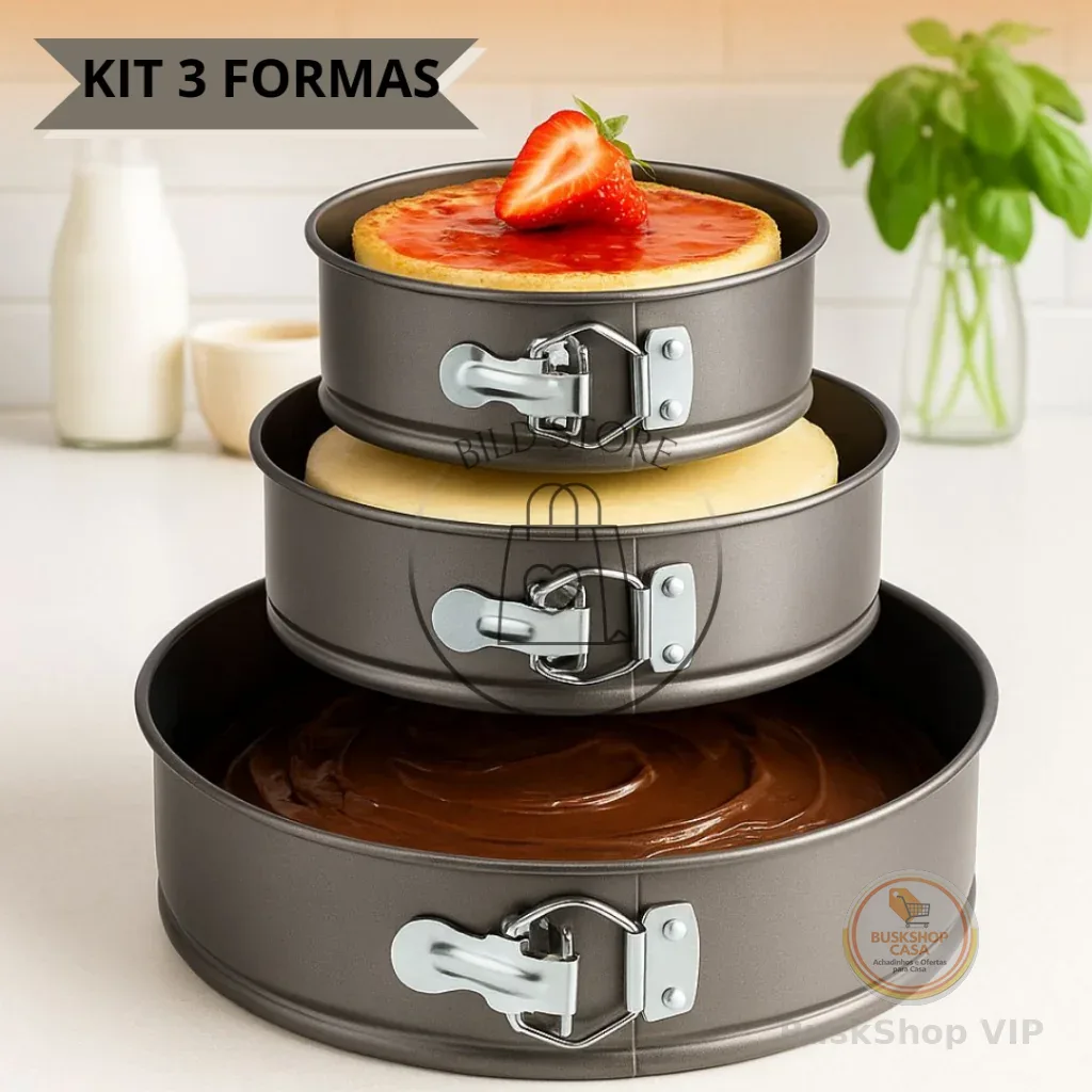Kit 3 Formas com Fundo Removível Antiaderente Torta Bolos Sobremesas Gourmet Assadeira Confeitaria