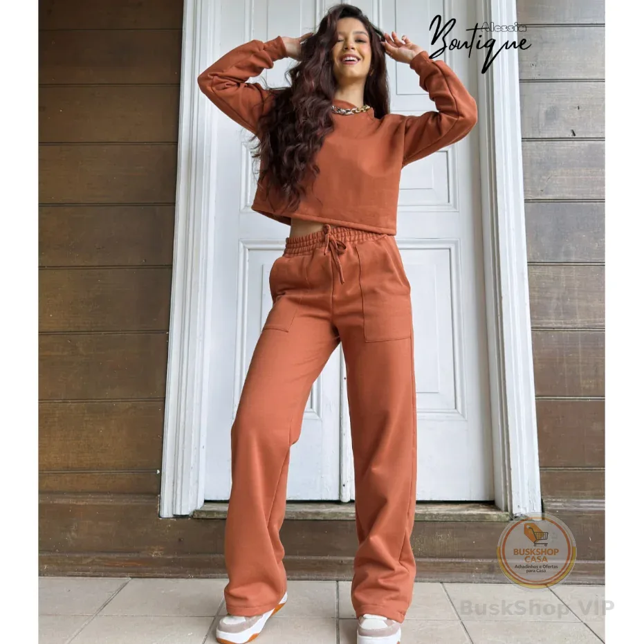 CONJUNTO FEMININO MOLETOM felpado calça pantalona e blusa manga longa