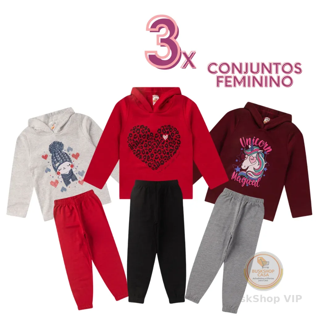 Kit 3 Conjunto moleton infantil feminina de inverno com calça infantil de moleton peluciado roupas infantis baratas.