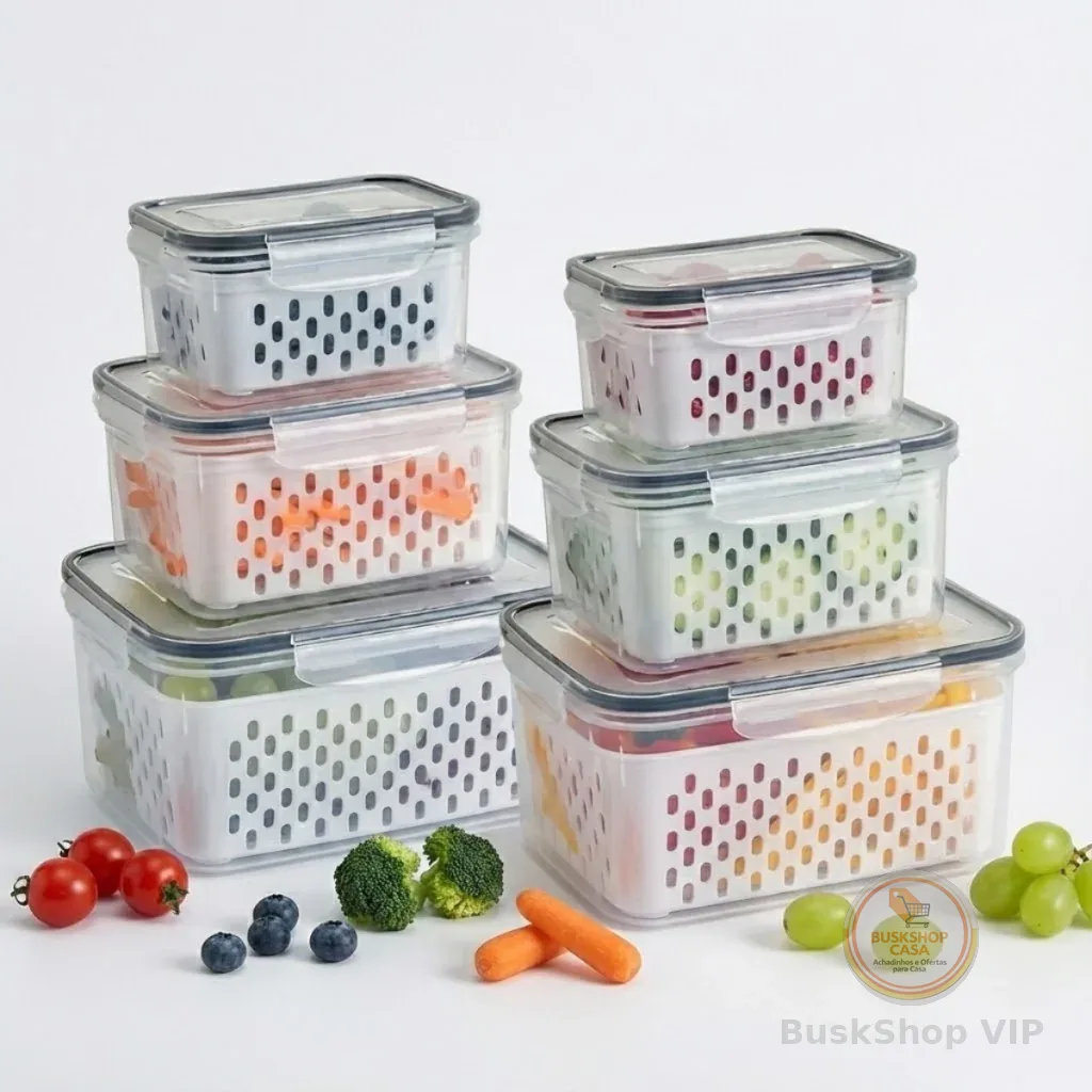 Kit 6 Potes Herméticos Organizador de Geladeira Legumes Frutas Com Cesto Removível