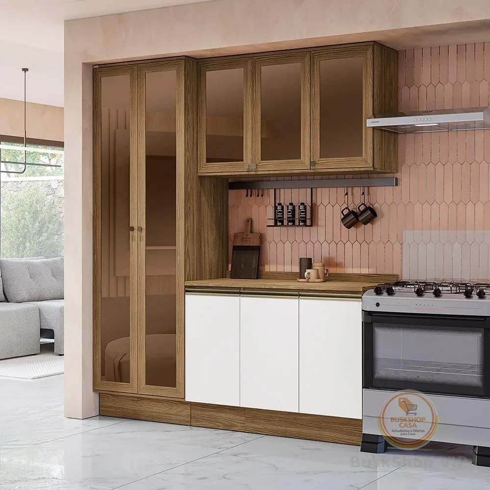 Armário de Cozinha Compacta com Vidro Reflecta 100% MDF 192cm Nogueira/Branco Celeste Kappesberg