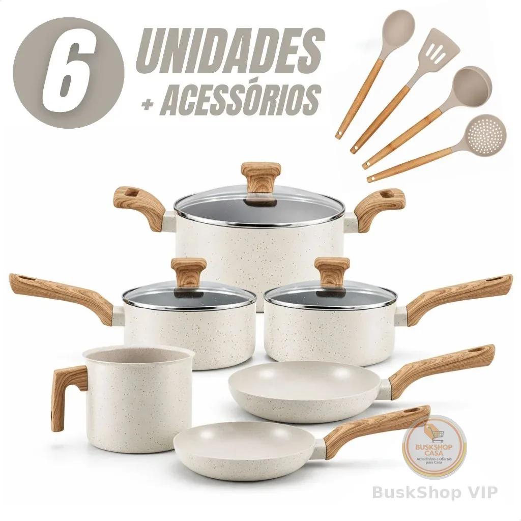 Jogo de Panelas 6 Peças Antiaderentes com Tampa de Vidro Temperada com 4 Utensílios de Cozinha