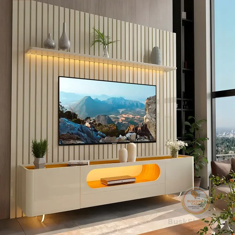 Rack Com Painel Ripado Para Tv Até 90 Polegadas 1 Gaveta 2 Off White/naturale