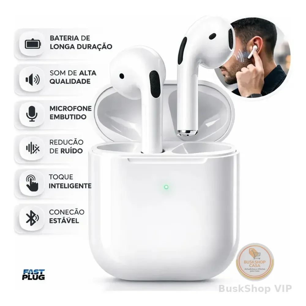Fone De Ouvido Bluetooth Sem Fio Bateria De Longa Duração Pro 4 Branco Conecta Rápido Fast Plug