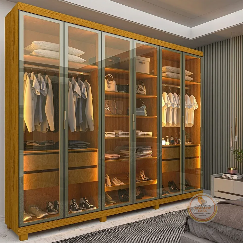 Guarda-roupa Casal 6 Portas com 6 Portas Reflecta com Pés com Led Imperatriz 100% MDF Yescasa Naturale