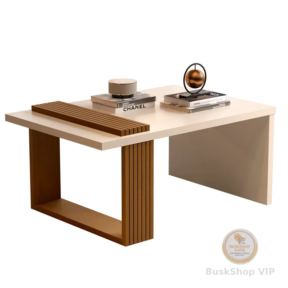 🛍️ Mesa de Centro Retangular para Sala com Pés Ripados Apoio Lateral Decoração Moderna