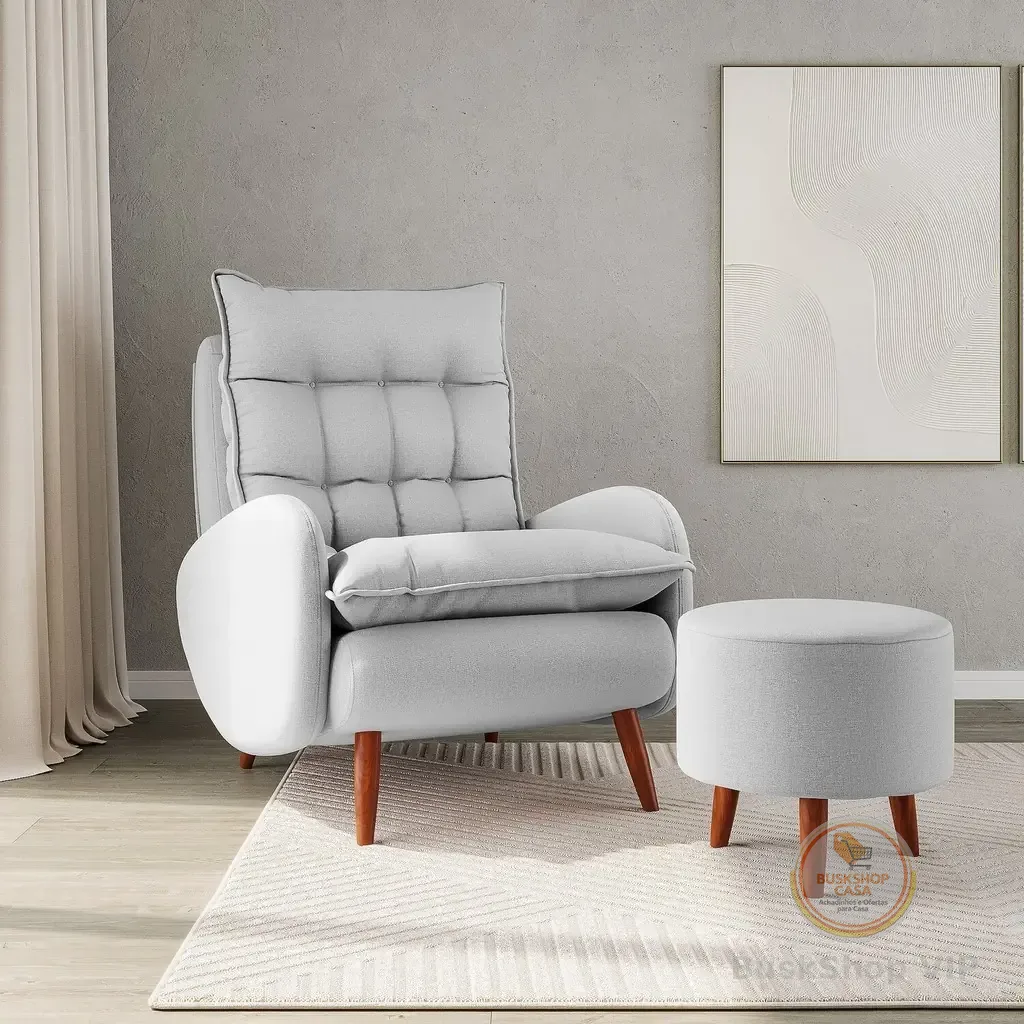 🛍️ Poltrona Eloá Plus com Puff Linho para Sala de Estar Cinza Cinza