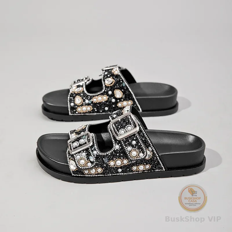 🛍️ Papete feminina Pérolas de strass de luxo  sandália diferente feminina com fivela