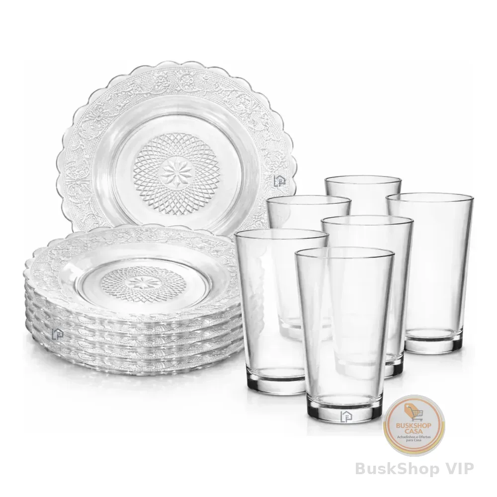 🛍️ Jogo Jantar 12 Peças Com 6 Pratos Fundo + 6 Copos Vidro Transparente Desenhado