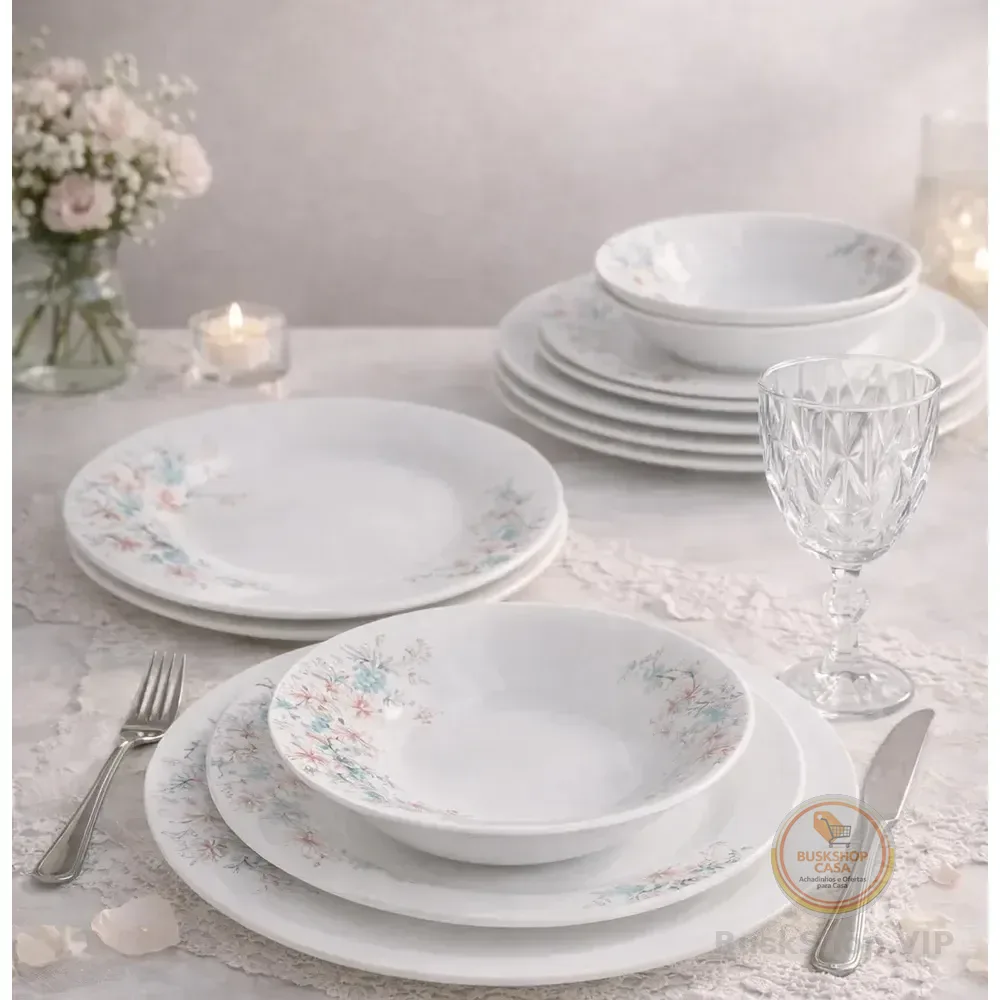 Aparelho Jantar Taça Diamond 16 Peças Estampado Luxo Pratos Floral Azul Florido