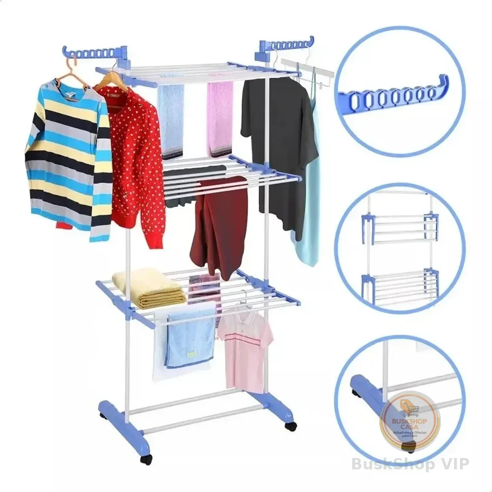 🛍️ Varal De  Chão Grande De Roupas 3 Andares Dobrável Cor Azul Kontuz 170 Cm