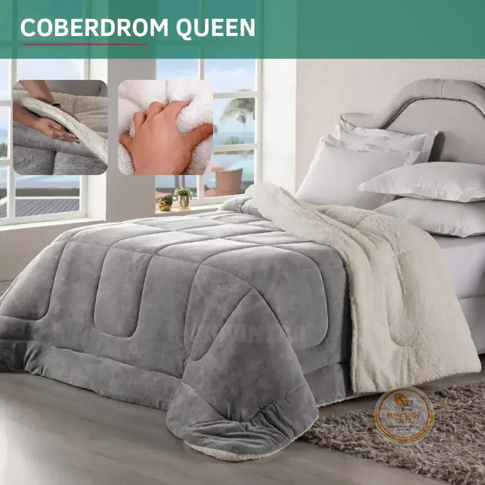 🛍️ Coberdrom Casal Queen Size Sherpa Cobertor Edredom Inverno Pele Lã Carneiro Super  Macio Suave Confortável Luxo Cor ​Cinza  Liso.