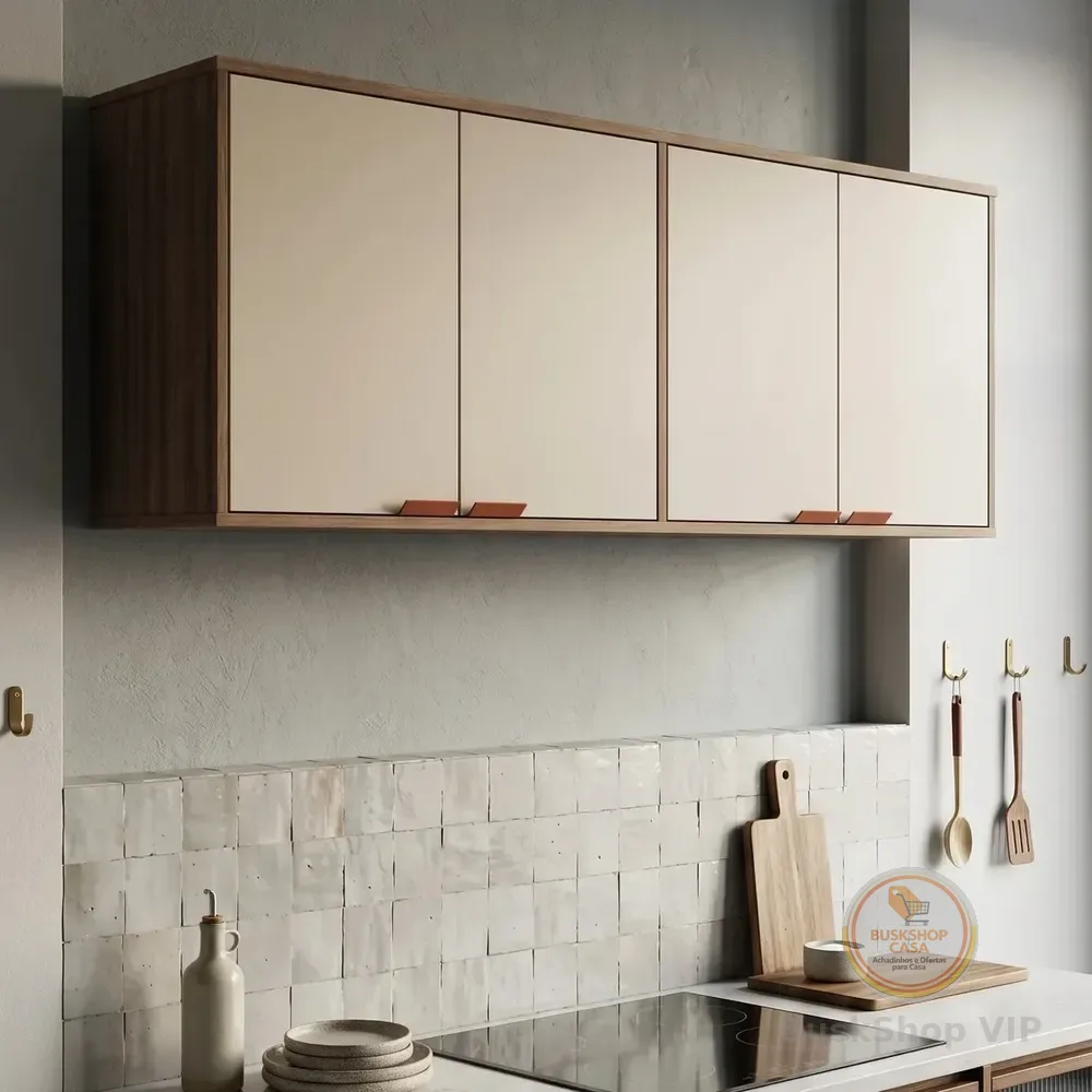 Armário Suspenso Aéreo Para Cozinha 4 Portas Off White - Design Nórdico Funcional, Compacto E Moderno, Estilo Industrial Com Amplo Espaço Interno - Modelo Capuleto