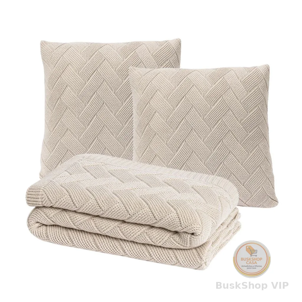 Kit Peseira Manta Tricot Cama Solteiro Casal Queen King + 2 Capas Almofadas Trico Londres