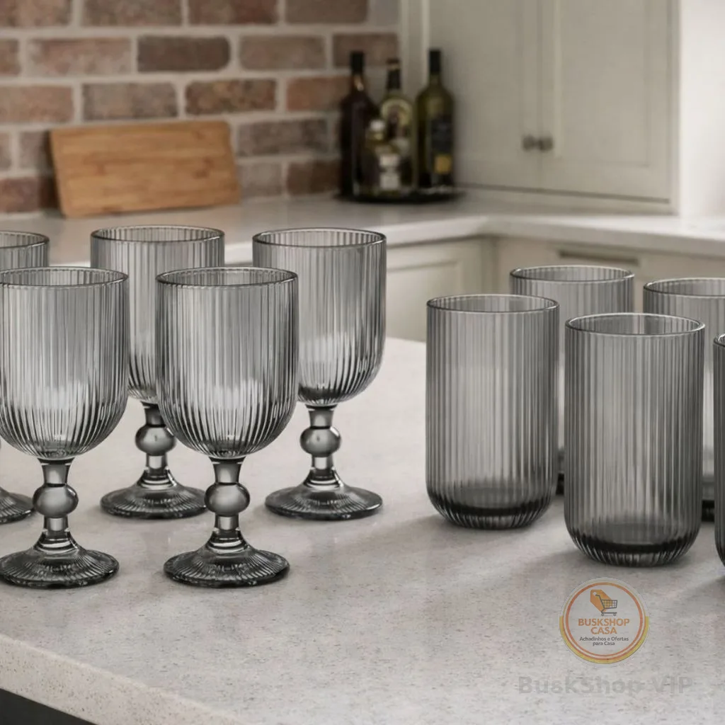Conjunto 12 Peças Copo + Taça de Vidro Canelado Grande Copo 400ml Mesa Posta Vidro Canelado Duhome